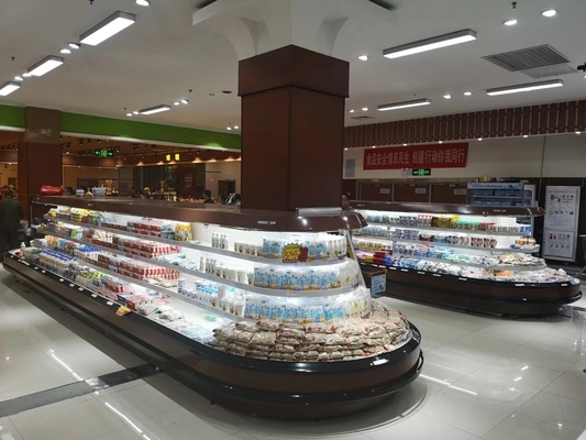 R404a Siêu thị Máy làm mát đảo hình bầu dục mở phía trước với ba giá đỡ